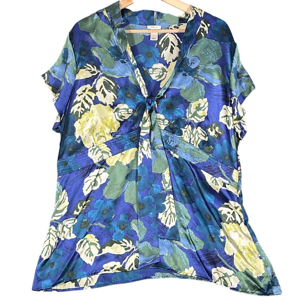 Vtg Y2K Silk‎ Blouse Womens XXL Blue Green Floral Tie Front V-Neck Romantic